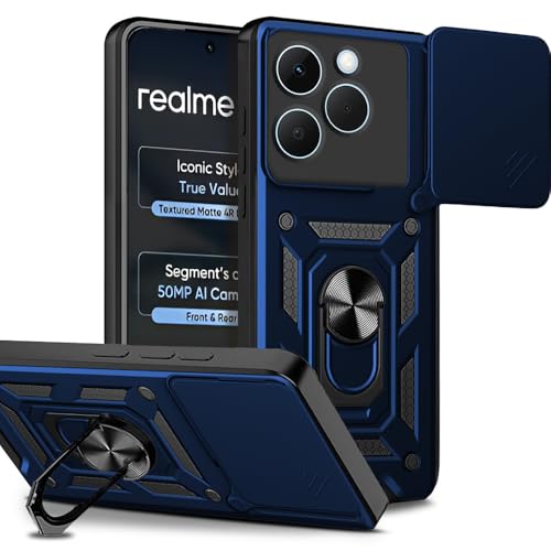 Image of AESTMO Tough Armor Realme 15T 5G Bumper Back Case Cover | Ring Holder & Sliding Camera Shield Cover | 360 Degree Protection Back Case Cover for Realme 15T 5G (Blue)