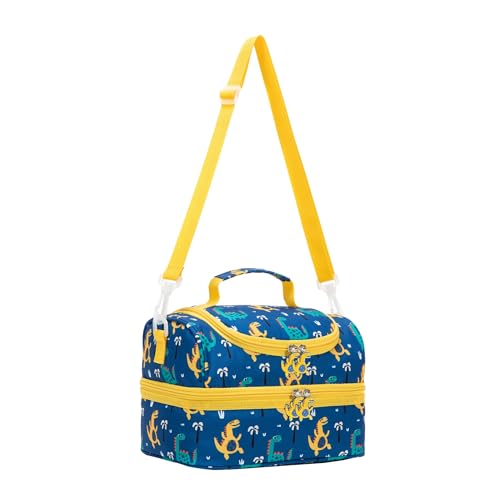 Image of Insulated Kids Dual Compartment Lunch Bags Tote for Boys Toddler Kindergarten School Double Decker Cooler Boxes with Shoulder Strap Yellow Dinos