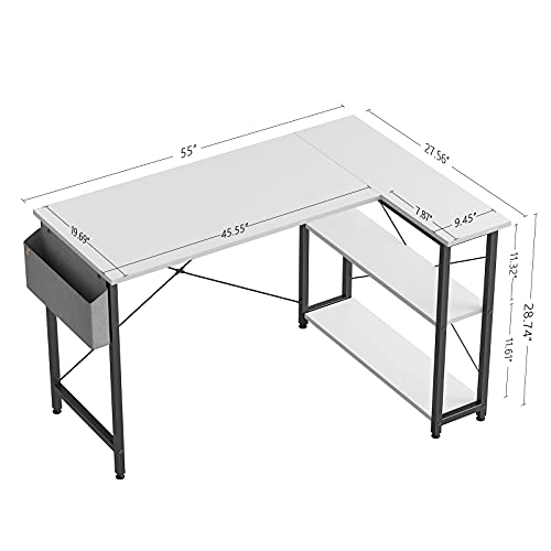 Cubicubi 55 Inch Small L Shaped Computer Desk With Storage Shelves Home Office Corner Desk Study Writing Table, White #TOP2