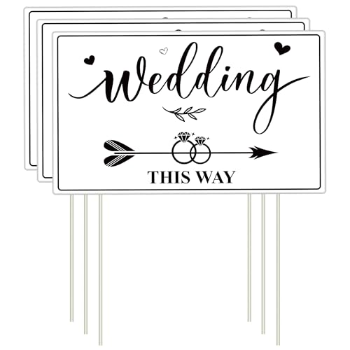 Lesnala 3Pcs Double sided wedding this way sign with Stakes Corrugated plastic wedding yard signs Wedding direction arrow signs for Indoor Outdoor Decorations (14.2 x 8.5inch)