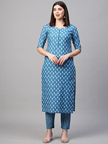 Image of GoSriKi Women's Cotton Blend Printed Straight Kurta With Pant