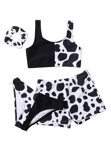 Girl's 3 Piece Bikini Set Cow Print Bathing Suit High Waist Swimwear with Shorts