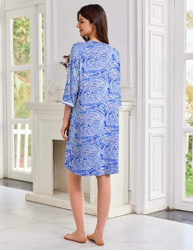 Image of Ekouaer Zipper Robes for Women 3 /4 Sleeves Lightweight House Coat Zip Up Bathrobe Soft Nightgown with Pockets S-3XL