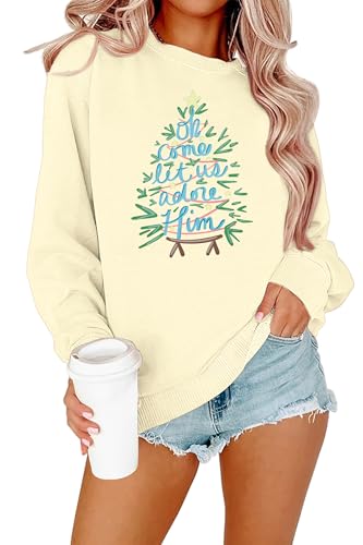 VILOVE Sudadera de Navidad para mujer, divertida camisa cristiana de árbol de Navidad, cuello redondo, manga larga, Navidad, Jesús Fe, Albaricoque, Large