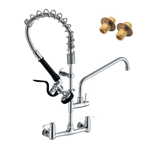 CENOSA Commercial Sink Faucet Wall Mount with Pre-Rinse Sprayer – 8 Inch Center Wall Mount Sink Faucet, 25' Height, 12' Swing Spout, Pull Down Sprayer for Industrial & Restaurant Sinks