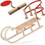 Explorer Colint Holzschlitten mit Rückenlehne für Kinder ab 1 Jahr und Erwachsene Set Schlitten Holz Hörnerschlitten mit Leine und Kunststoff/Holz Rückenlehne in Rot 110cm