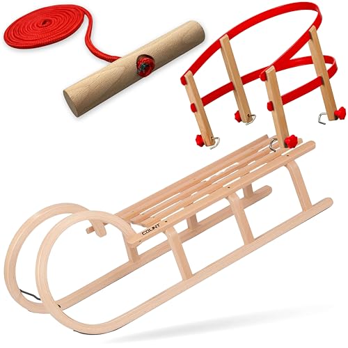 Explorer Colint Holzschlitten mit Rückenlehne für Kinder ab 1 Jahr und Erwachsene Set Schlitten Holz Hörnerschlitten mit Leine und Kunststoff/Holz Rückenlehne in Rot 110cm