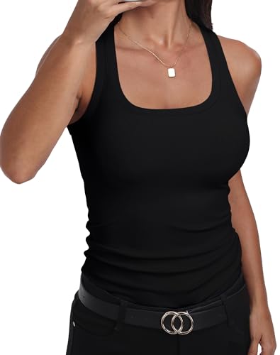 GEMBERA Womens Ribbed Knit Square Neck Racerback Sleeveless Fitted Basic Work Out Tank Top Shirt