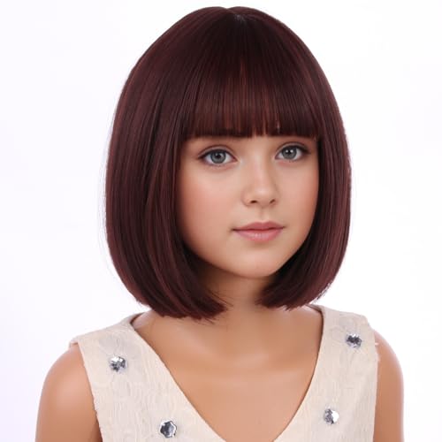 Image of PATTNIUM Kids Brown Wig with Bangs Child Short Brown Bob Wig for Girls Cosplay Party Synthetic Rose Net Daily Wear