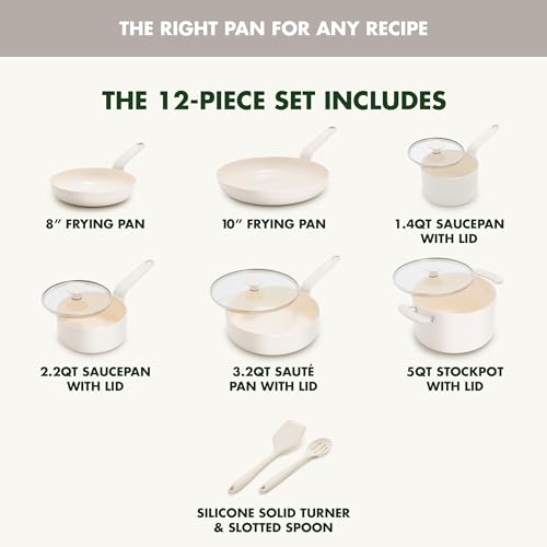 Image of GreenPan Rio Advanced 12 Piece Cookware Set, Ceramic Nonstick PFAS-Free Pots & Pans with Cooking Utensils, Induction Ready, Dishwasher & Oven Safe, Cream White