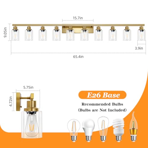 Image of Gold Bathroom Vanity Light,10-Light Brushed Gold Bathroom Light Fixtures with Clear Glass,64.5in Wall Lamp Sconces for Mirror Bedroom,Living Room Hallway,E26