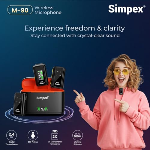 Image of Simpex (M-90 2-in-1 Wireless Microphone with TFT Card Recording & 360 Sound Capture, 100m Range, 2.4 GHz RF, 9Hrs Run Time, Noise Cancellation, Plug & amp; Play, Compatible with Android, iOS, DSLR