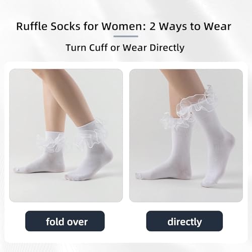Image of Women Big Ruffle Ankle Socks Adult Double Lace Frilly Turn Cuff Dress Socks Cotton Cute Fancy Bobby Crew Socks