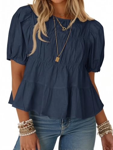 Image of Tankaneo Womens Puff Sleeve Peplum Babydoll Tops Summer Flowy Pleated Cotton T-Shirts Casual Loose Fit Cute Blouse