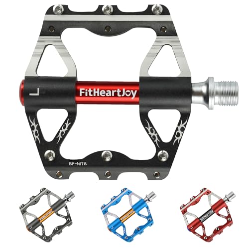 Image of Mountain Bike Pedals, MTB Pedal with 3 Sealed Bearings, 9 /16 inch, CNC Aluminum Flat Bicycle Accessories with Anti-Slip Pins for Mountain Road Bike (Red /Black /Blue /Grey)