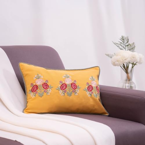 Image of haus & kinder Decorative Embroidered Sham Cushion Cover Set of 1, Cotton Throw Pillow Cushion Cover 12x18 Inch for Sofa, Couch & Living Room Decor, Soft Breathable Rectangle Cushion Case
