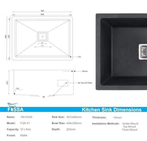 Image of Fossa 10-Year Warranty Quartz Kitchen Sink 18 x 16 Inch | Single Bowl Granite Sink | Includes Waste Coupling, Waste Pipe & Strainer | Top Mount | Black (Matte Finish)