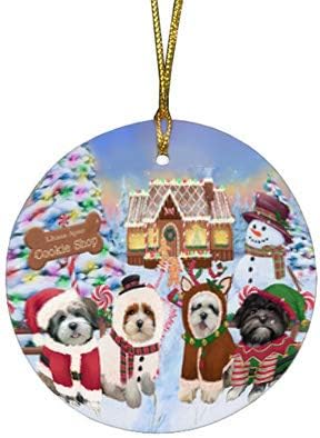 Santa Sled Dogs Lhasa Apso Christmas Round Flat Ornament - Pet Decorative Hanging Ornaments for Christmas X-mas Tree Decorations - 2.75" Round Flat Ceramic Christmas Ornament POR1530