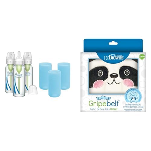 Dr. Brown's Anti-Colic Options+ Narrow Glass Baby Bottles 8oz and Level 1 Slow Flow Nipple, 3-Pack 0m+ and Blue Silicone Sleeves and Gripebelt Heated Belly Band, Panda