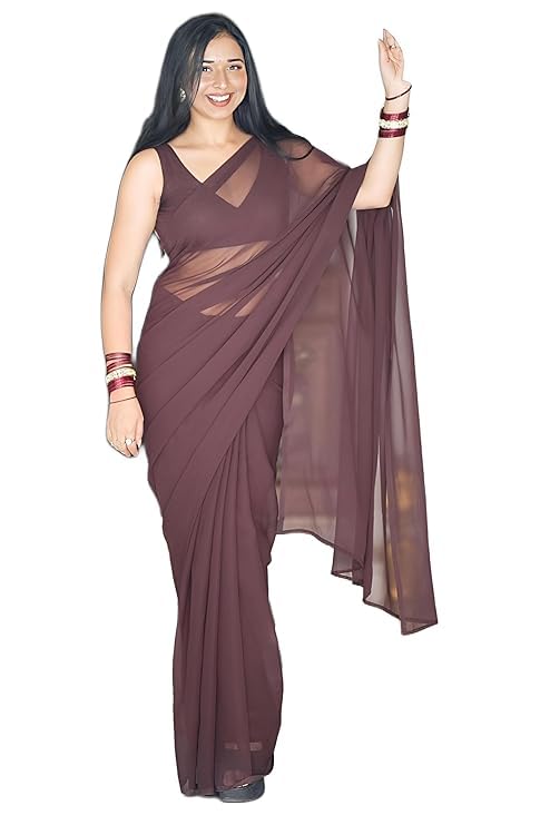 indian fashionista Women’s Plain Georgette Dailywear Saree with Unstitched Blouse Piece – | Free Size-picture-1