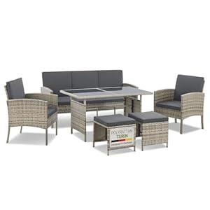 Juskys Polyrattan Gartenmöbel Sitzgruppe Turin Set 6 teilig – 7 Personen – Outdoor Möbel mit Sessel, Hocker, Tisch & Kissen – Garten Loungemöbel grau-meliert