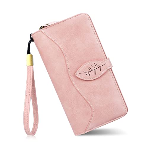 CONISY Womens Wallets Large Capacity, Multi Card Slots Clutch Long Wallet for Women with RFID Blocking (Pink)