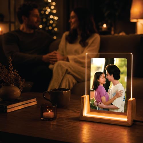 Image of Giftplease Personalized LED Acrylic Photo Frame with Wooden Base | Custom Engraved Photo Lamp | Customized Picture Frame Light | USB Powered Acrylic Night Lamp | Anniversary, Wedding, Birthday, Couple