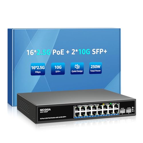 Image of 16 Port 2.5G PoE Switch Unmanaged with 16 Port 2.5Gb Base-T PoE+@250W + 2 x 10G SFP+ Uplink, NICGIGA 18 Port 2.5Gbe IEEE802.3af /at Power Over Ethernet Switch, Support WiFi6 AP, NAS, 4K PoE Camera NVR.