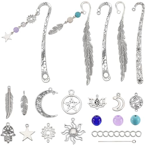 SUNNYCLUE 1 Box DIY 6 Sets Metal Bookmark Kit Metal Bookmarks Bulk Hook Bookmark Lucky Sun Star Moon Charms Bookmark Vintage Alloy Bookmark Metal Book Marks for Crafting Bookmark Making Supplies