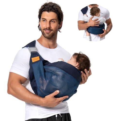 Image of Shiaon Baby Sling Carrier, Baby Carrier Newborn to Toddler(7-45lbs), Toddler Carrier, One Shoulder Adjustable Shoulder Strap, One Size Fits All, Mesh Blue
