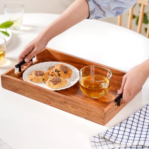 Image of Nestasia Wooden Serving Tray with Handles | Acacia Wood Rectangular Rustic Brown Tray for Dining & Coffee Table | Platter for Serving Tea, Cakes, Snacks, Breakfast & Home Decor