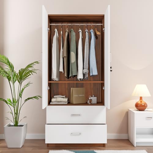 Image of VIKI Wardrobe | Tulum Wardrobe | Wooden Almirah for 2 Door Wardrobe with 2 Drawer & Hanging Space (Brussel Walnut | Frosty White - 40D x 80W x 180.8H) | 1 Year Warranty | Free Assembly