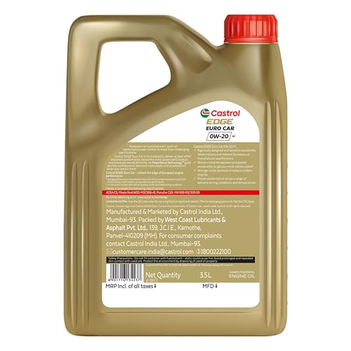 Image of Castrol EDGE Euro Car 0W-20 M Advanced Full Synthetic Engine Oil | Power Boost Technology | 40%* Improved Performance | For Petrol, Diesel, CNG & Hybrid Cars | 3.5L