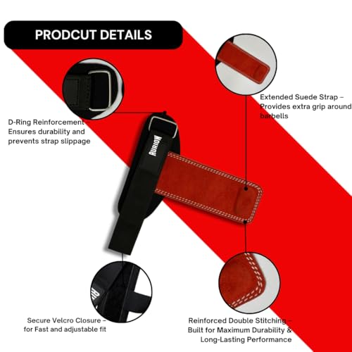 Image of Aurion Premium Suede Leather Lifting Straps | Padded Wrist Support for Weightlifting & Bodybuilding | Non-Slip 19 inch Deadlift Straps for Gym Workout | Adjustable Wraps for Men & Women (Red)