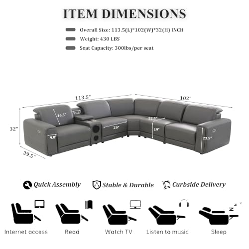 Image of Power Recliner Sectional Sofa, L-Shaped Living Room Furniture Set, Reclining Sectional Couch with Storage Console /Cup Holder for Living Room /House /Apt (Grey, 5 Seater)