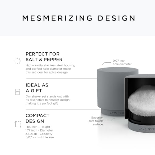 Image of LARS NYSOM Mini Salt and Pepper Shakers Set | Stainless Steel Salt and Pepper Shakers with Modern Minimalist Design, Easy Refill, Small Size (Ash Gray)