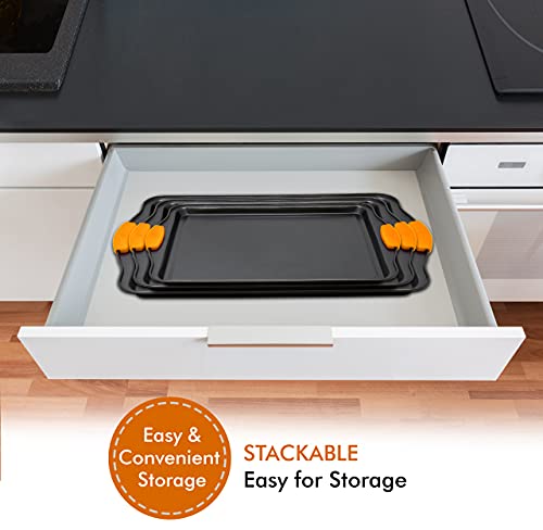 Bakeware Nonstick Cookie Sheet Oven Baking Pan Tray 3-Piece Set (Small, Medium And Large), Carbon Steel Non Stick Bpa Free Cooking And Baking Trays For Cakes And Cookies With Silicone Grips By Perlli #TOP6