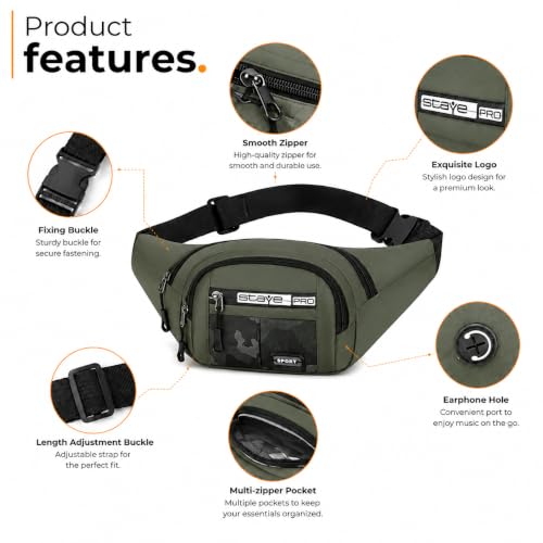 Image of Waist Bag for Man & Woman | Travel Handy Hiking Running Pouch with Zipper | Adjustable Strap Fanny Pack for Documents Money Card Phone Earphone (Olive Green)
