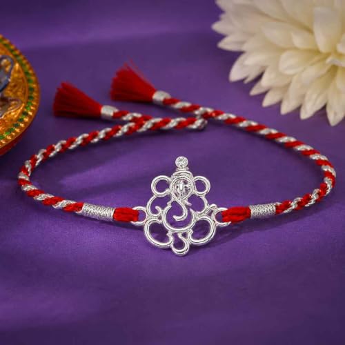Image of Clara 925 Sterling Silver Rakhi with Roli Chawal for Bhai | Gift for Brother on Rakshabandhan | Men & Boy Bracelet