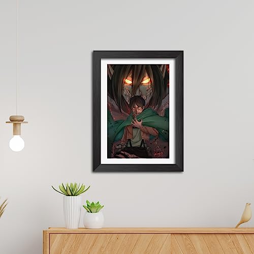 Image of TenorArts Eren Yeager Photo Frame Attack on Titan Anime Laminated Poster Framed Painting with Matt Finish Black Textures (12inches x 9inches)