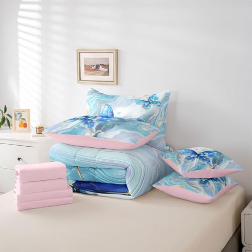 Image of Floral Marble Butterfly 7 Pieces Bedding Set Full Size,Blue Tie Dye Bed in a Bag,Elegant Marble Texture Bed Set Includes Comforter,Sheet Set,Pillowcases & Pillow Covers,Modern Aesthetic Bedroom Decor