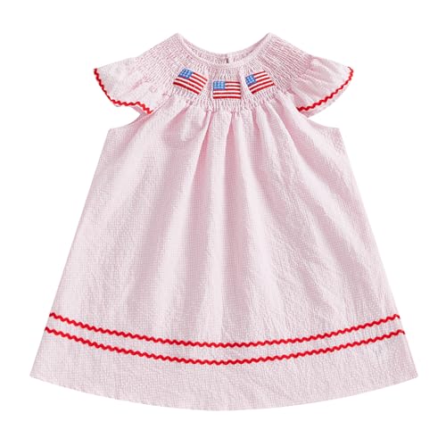 Toddler Girl 4th of July Dress Plaid American Flag Embroidery Fly Sleeve Smocked Dress Infant Patriotic Clothes
