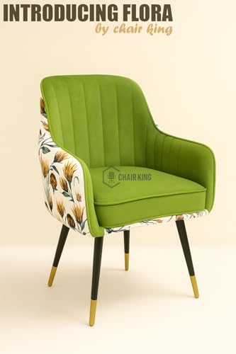 Image of Designer Accent Chair with Floral Printed Back & Footstool | Velvet Lounge Chair for Living Room, Makeup Vanity & Bedroom (Parrot Green Floral)