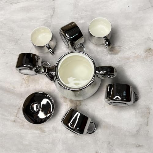 Image of DMRD MART-Porcelain Tea Set with Kettle |Tea Cup Set of 6 | Aesthetic and Classic Cups Set | Premium Crockery for Home & Gifting with Golden Color Geometric Pattern Design