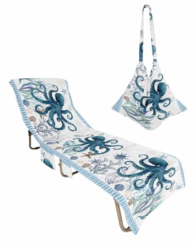 Nautical Octopus Beach Chair Towel Covers for Chaise Lounge With Side Pocket, Soft Plush Pool Towels Cover for Patio Sunbathing Outdoor Coastal Ocean Starfish Corals Blue Stripe 29''x85''