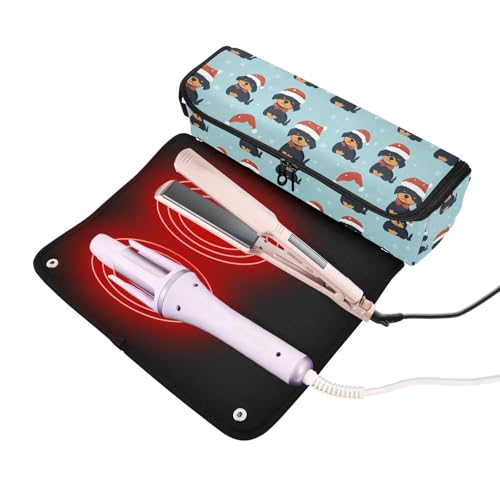 Bolsa organizadora para herramientas de cabello con diseño de perros navideños y tapete resistente al calor miniatura 2