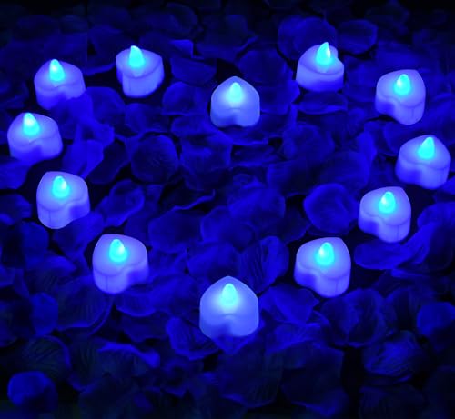 KOABY 1000pcs Blue Artificial Rose Petals with 12pcs Blue LED Tea Lights