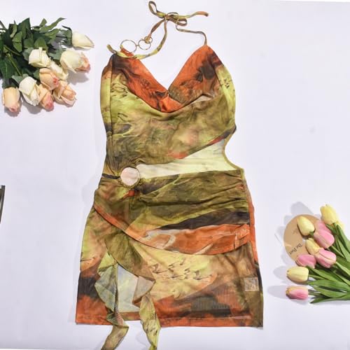 Women Sexy Sheer Halterneck Mini Dress Hollow Out Colourful Mesh Floral Dress for Beach Party Night4