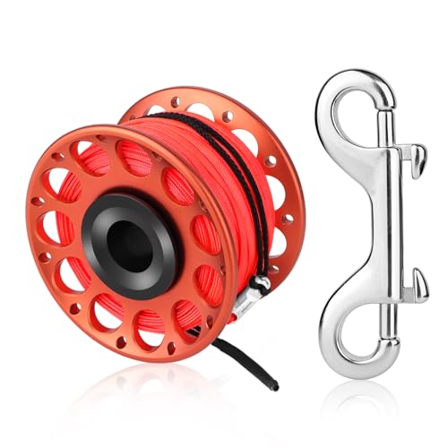 Scuba Diving Reel, Large Spinning Spool Finger Reel with Double-Ended Bolt Snap Clip with 30m/100ft High Visibility Line Aluminum Dive Reel for Wreck Cave Diving Spearfishing Fishing (Red Reel)