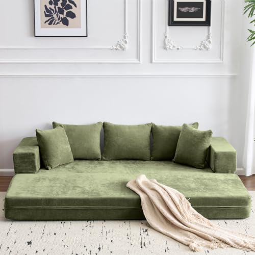 eslohnt Schlafsofa 200 x 140cm,Faltbare Gästematratze,Faltbares Bodensofa mit 5 Kissen,20cm Dick-Gute Unterstützung,Bequem,Öko-Tex-Zertifiziert,Grün